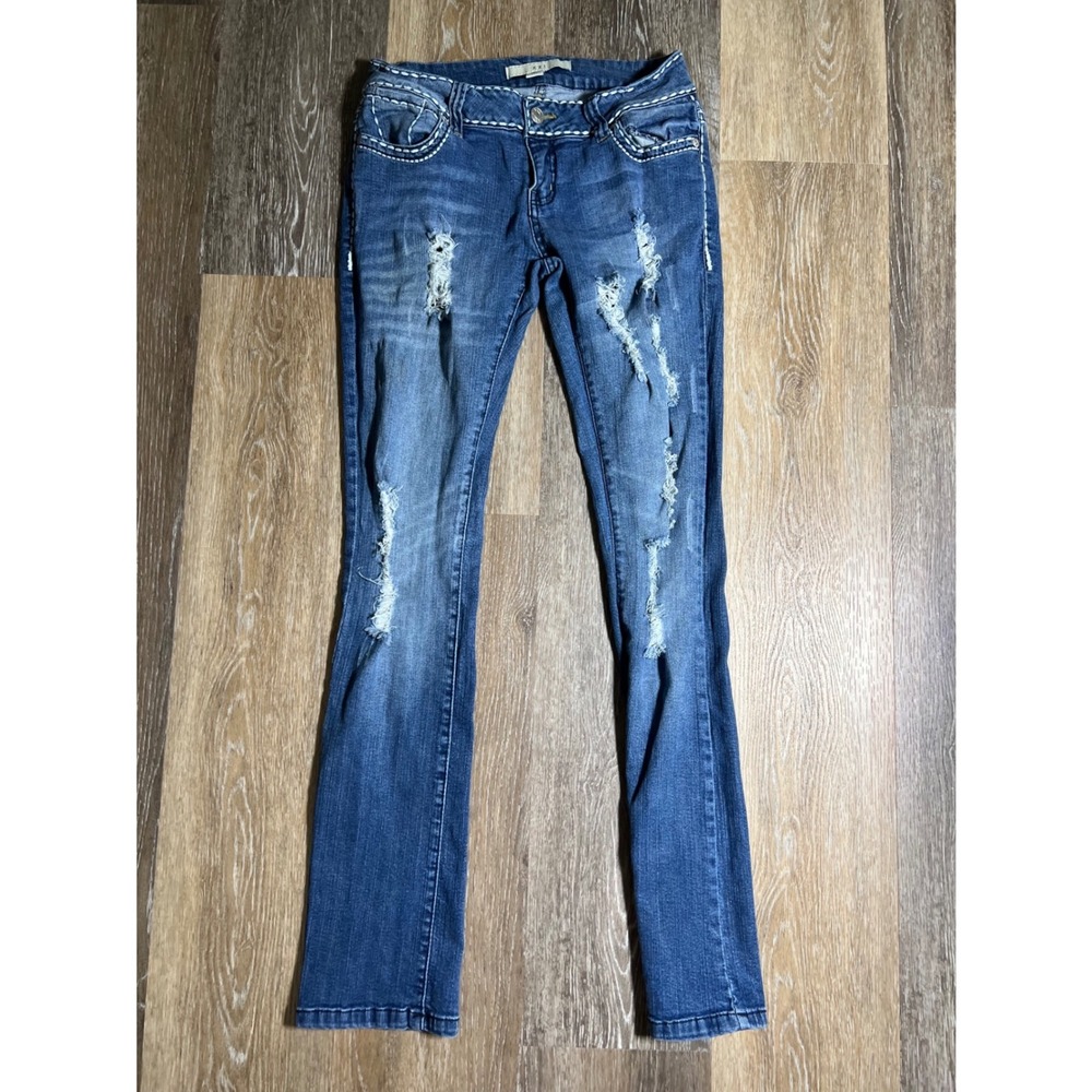 XXI Forever 21 Skinny Jeans Womens 26 Blue Good Distressed Low Rise Y2K Contrast